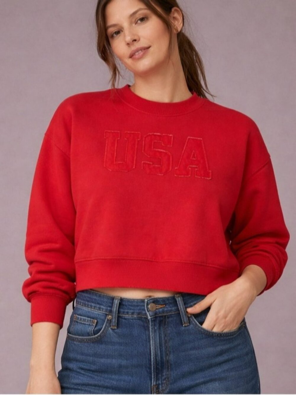USA Small Bright Red Crew Crop Boxy Long Sleeve Americana Holiday Sweatshirt